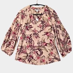 Chico's Flora Oasis Tuck Sleeve V-Neck Top Tee Pink 1 (M) Feminine Floral NWT